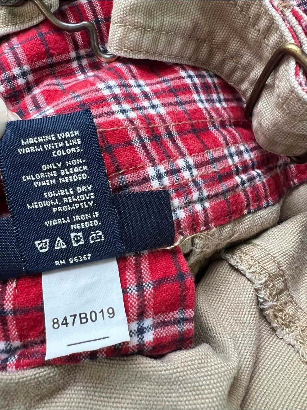 OshKosh B’Gosh Canvas Overalls 24 Months Tan 100% Cotton Plaid Trim